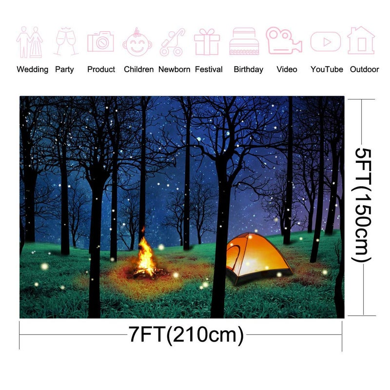 CHAIYA Enchanted Forest Camping Backdrop - Forest Night Scene Photography Background for Theme Party Photo Booth Banner Decoration 7x5ft - Image 4